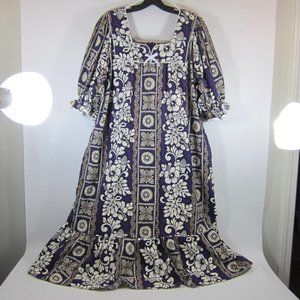 T&L MuuMuu Factory Hawaii Blue Floral Hibiscus Women Dress LG Sleeve Hem Ruffles